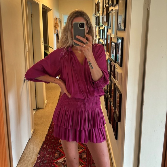 Anthropologie Current Air Los Angeles Magenta Fuchsia Pink Ruffle Pleated Dress - Picture 5 of 13